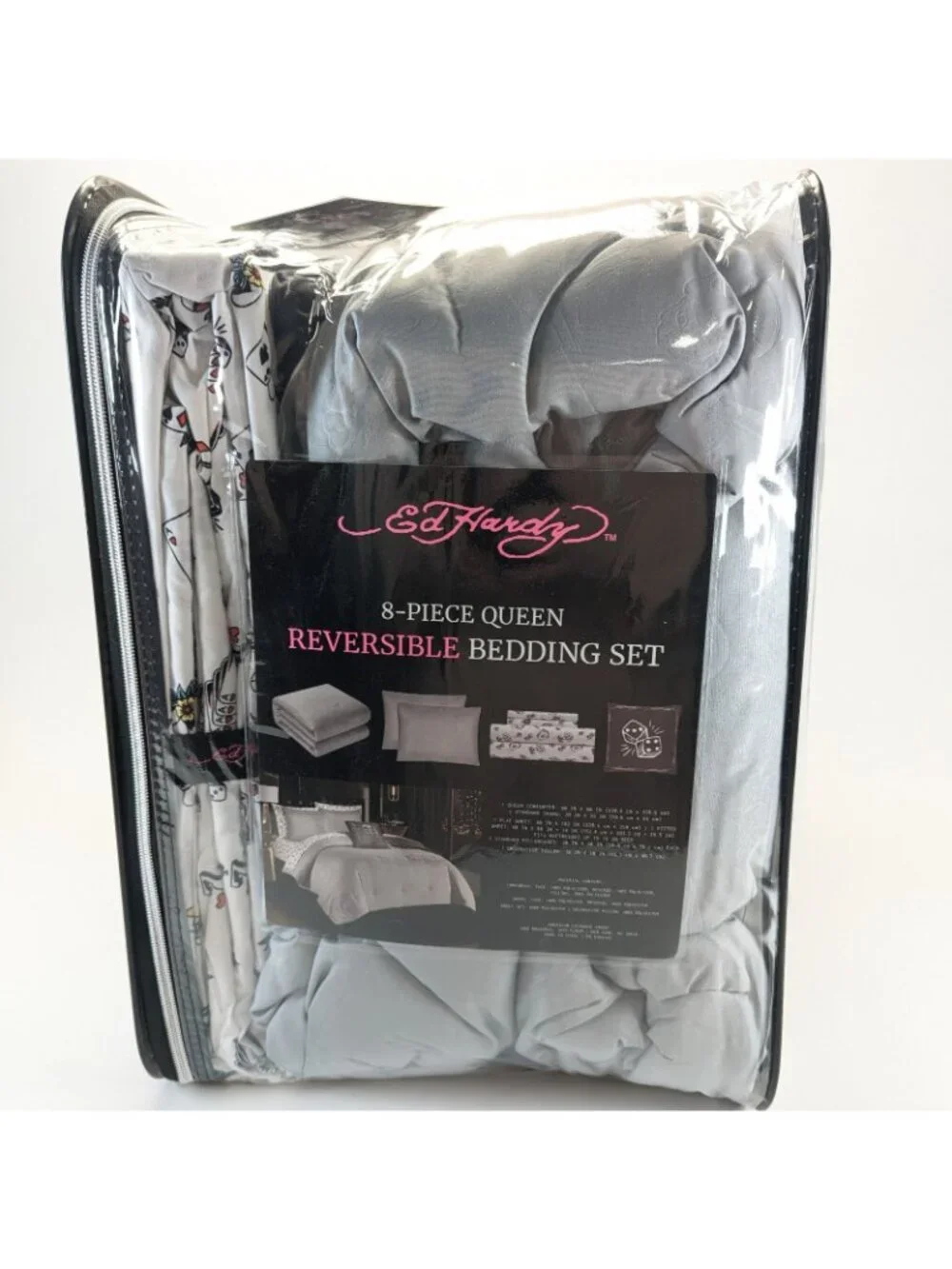 Ed Hardy Queen Comforter Bed Set w Shams Pillow Sheets Black White Dice Skull